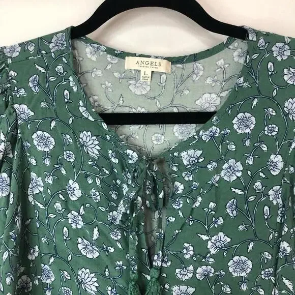 Charming Green Floral Puff Sleeve Dress by Angels Forever Young Tie at Neck - Picture 3 of 7